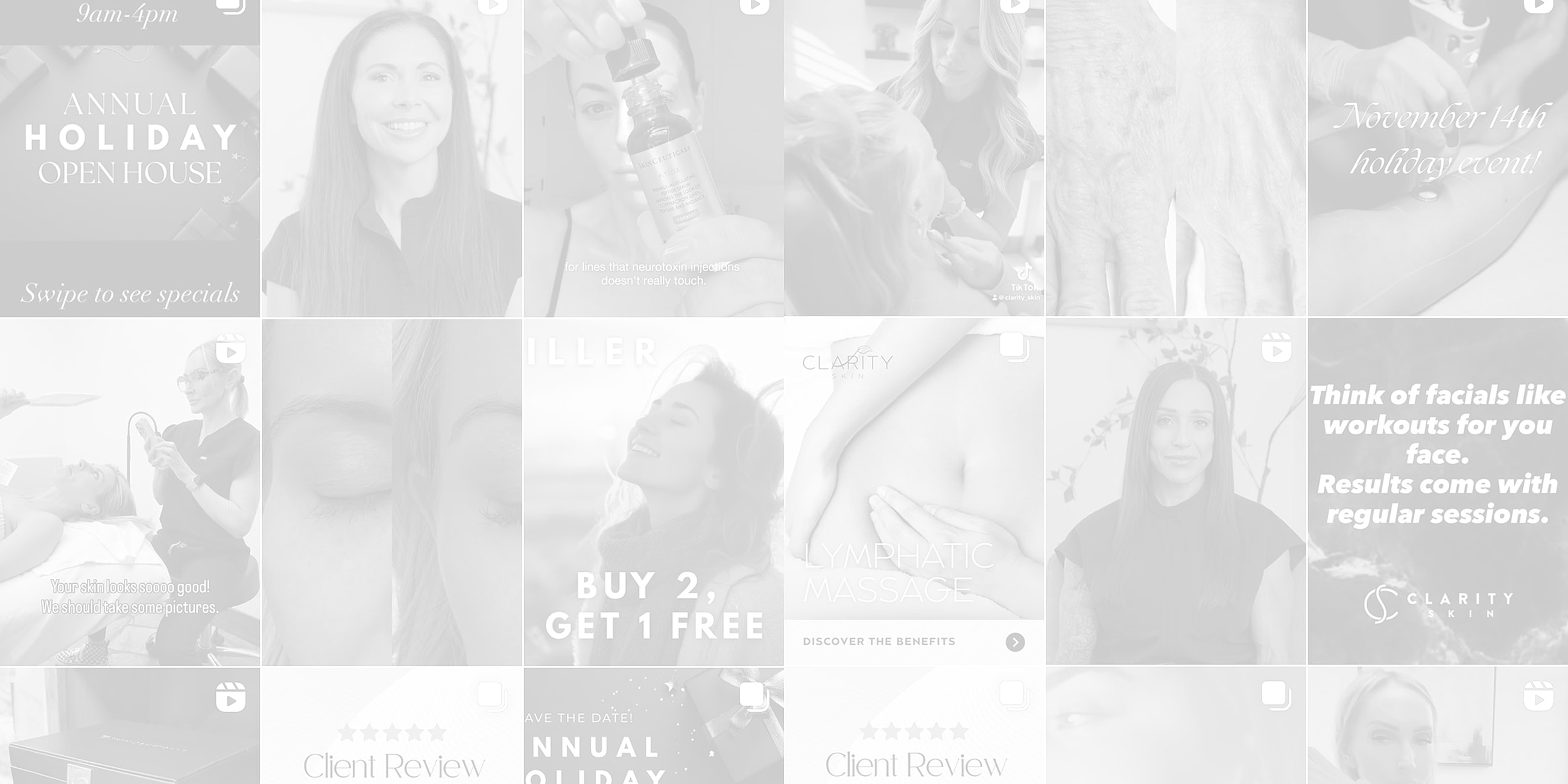 Social media posts about skincare and client reviews.