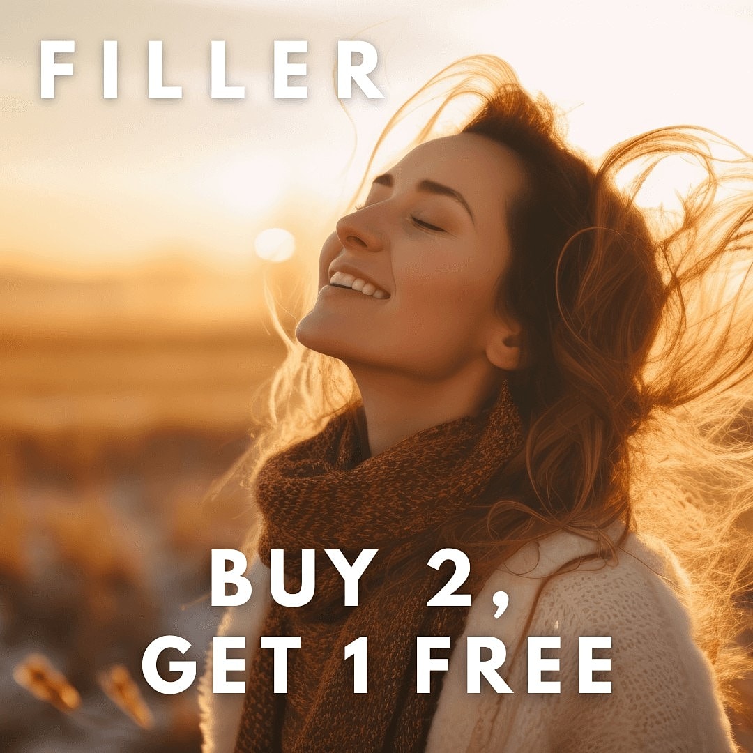 Woman enjoying sunset with promotional text overlay.