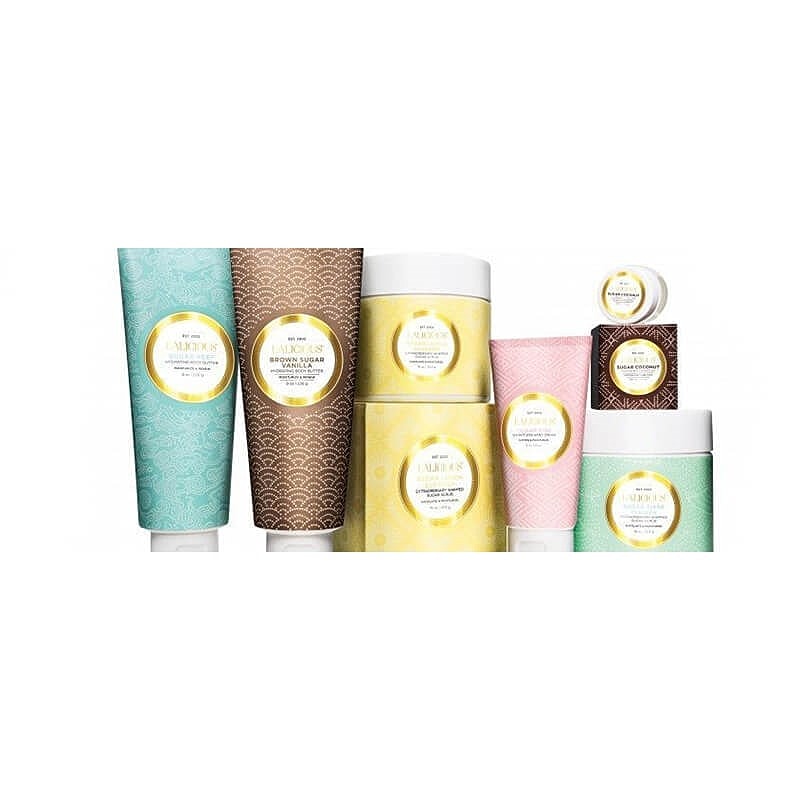 Colorful skincare products with decorative packaging.